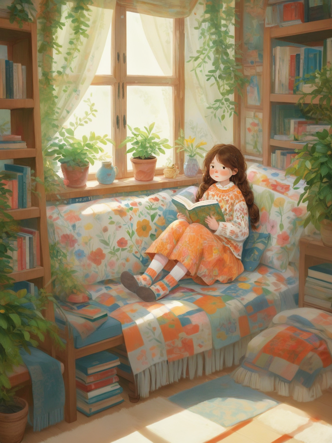 00962-2894492221-_lora_chatu0516_0.7_,illustrations,1girl,plant,book,solo,potted plant,curtains,brown hair,long hair,indoors,pillow,window,lamp,s.png